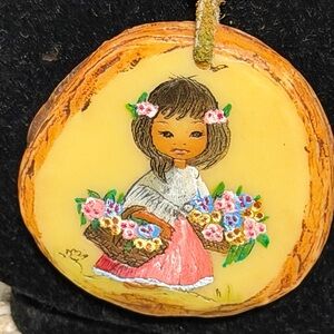 Vintage Jama Hand Painted Wood Slice Cottagecore Girl Floral Basket Rustic Decor